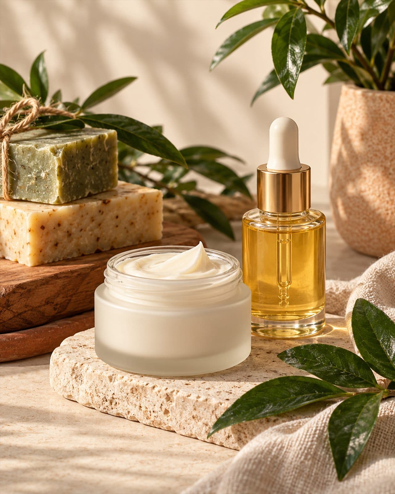 Arte ilustrativa: cosméticos naturais: sabonetes e creme hidratante